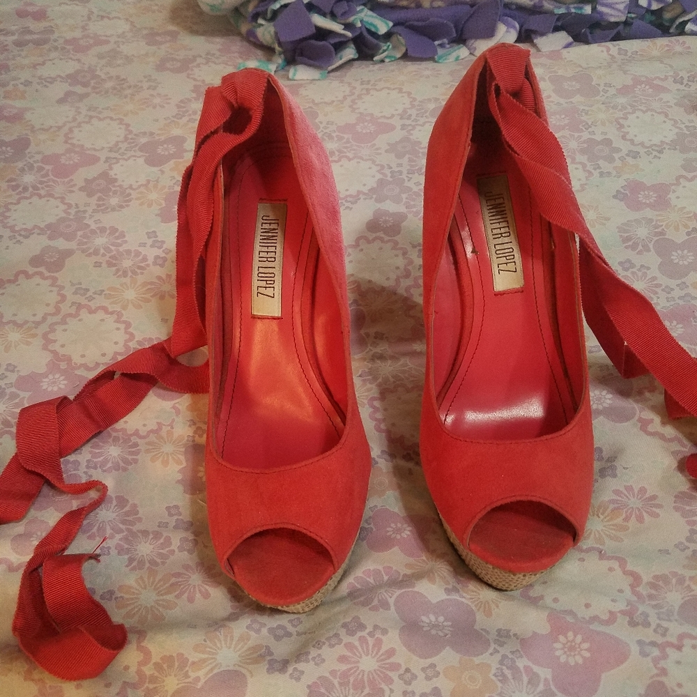 Burnt orange peep toe Jennifer Lopez wedges